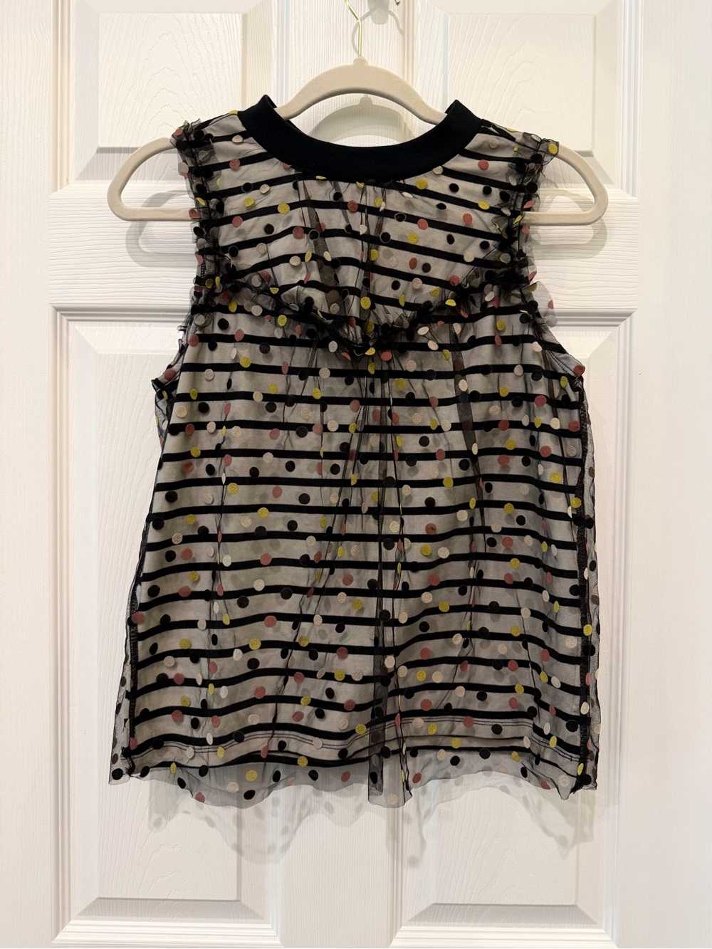 Anthropologie Maeve XS Contrast Dotted Sheer Ruffle Sleeveless Blouse Black